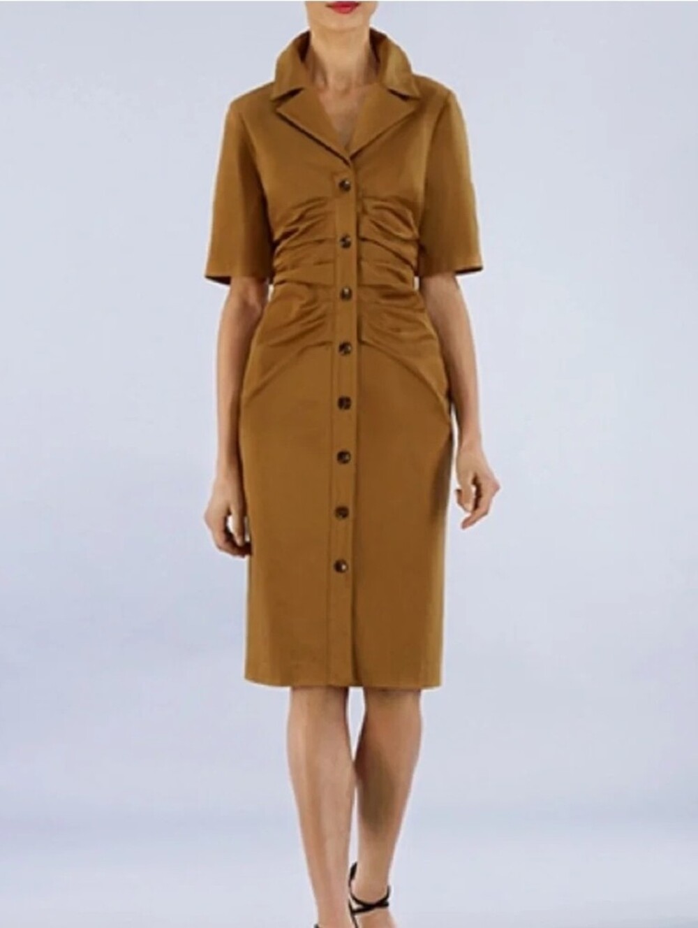 Bigio Collection Tan Ruched Waist Shirt Dress Midi Button Front Size 10